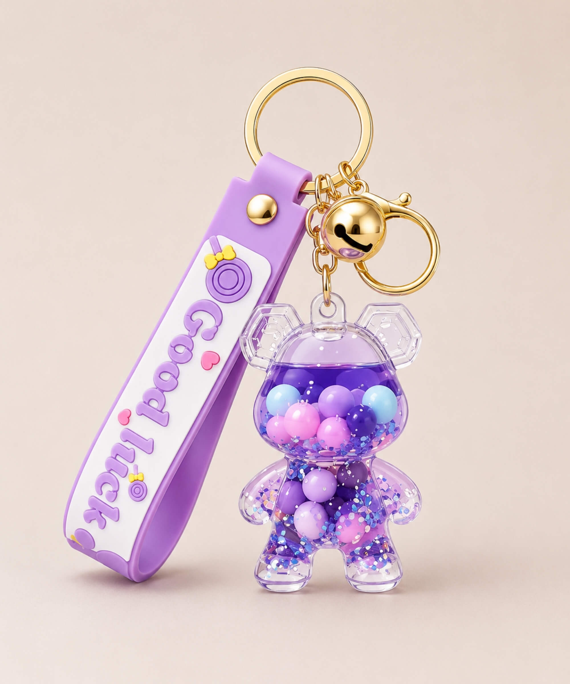 Purple bear floating shaker keychain with colourful beads and glitter